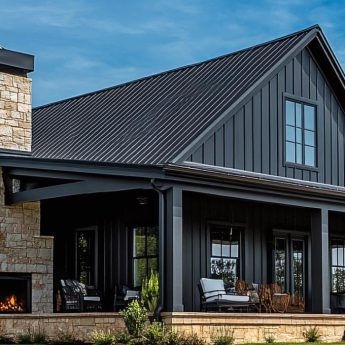 black barndominium with wood accents